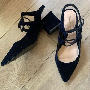 Zara Velvet Blue Small Wedge Slingbacks - Size 36